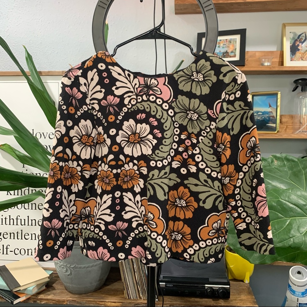 H&M Black Floral Crop Top with Pink, Olive & Rust Accents